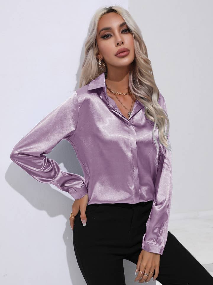 NINEXIS - Wholesale Button Down Shirt - Women's - CWTBLL0692_Button Down Silky Satin Long Sleeve Top17