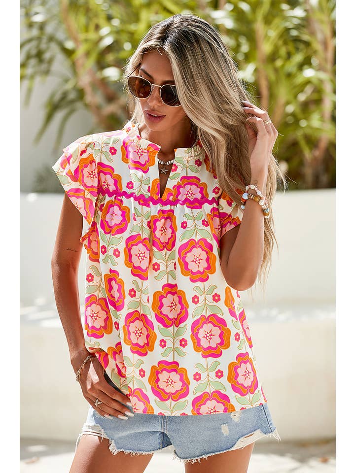 Rose LDC Boho Floral Print Ricrac Ruffle Sleeve Blouse for wholesale on Faire