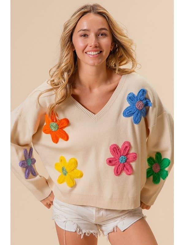 OATMEAL Crochet Flower Patches Sweater for wholesale on Faire