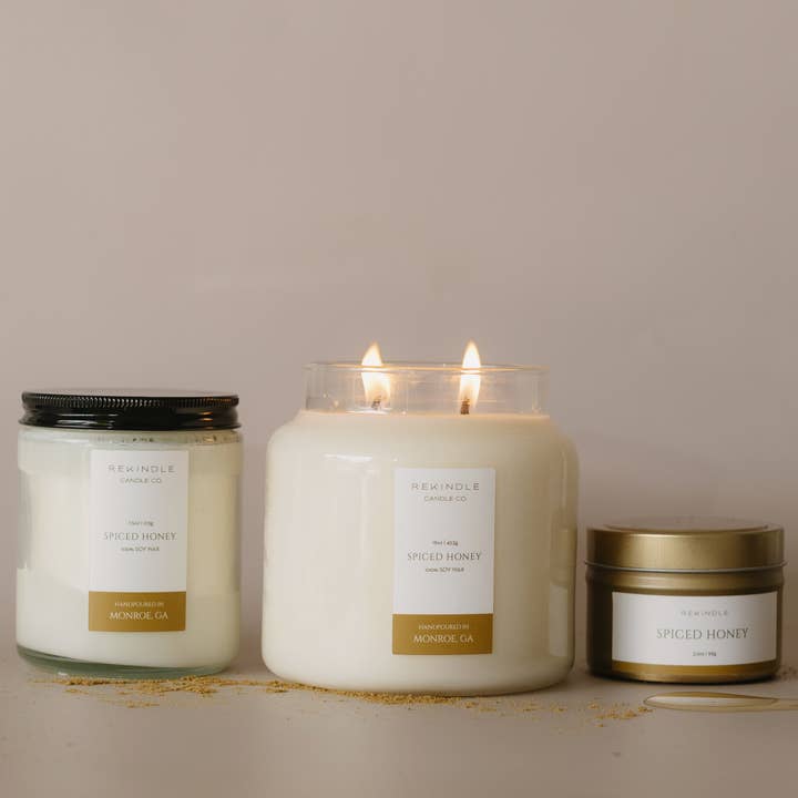 Rekindle Candle Co - Wholesale Jar/Filled Candle - Spiced Honey Soy Candle with Cotton Wick