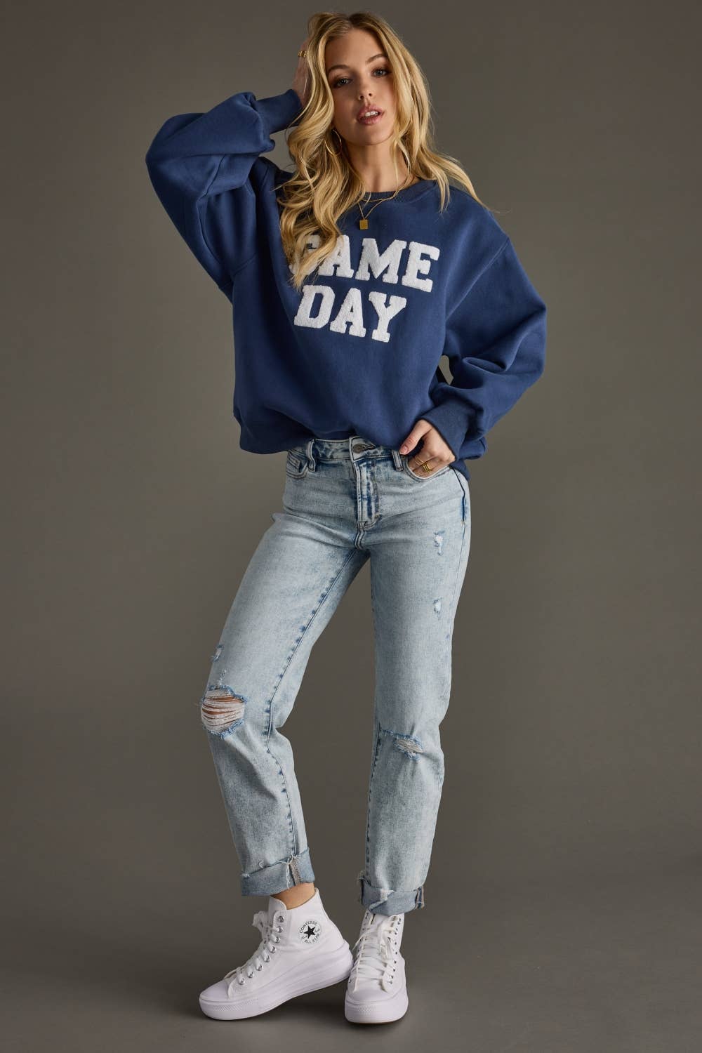 Panache Apparel Co. – Engroshandel Grafisk Sweatshirt - Dame – Blå Game Day sweatshirt2