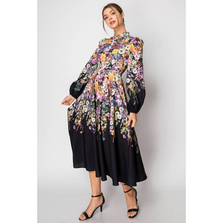 INA - Wholesale Dress - Women's - Long Puff Sleeve Floral Print Midi Dress