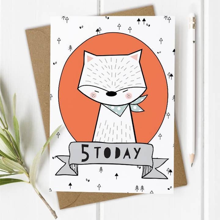 Age 5, 5th Birthday Card, Girl or Boy - Fox for wholesale by Mrs Best Paper Co.