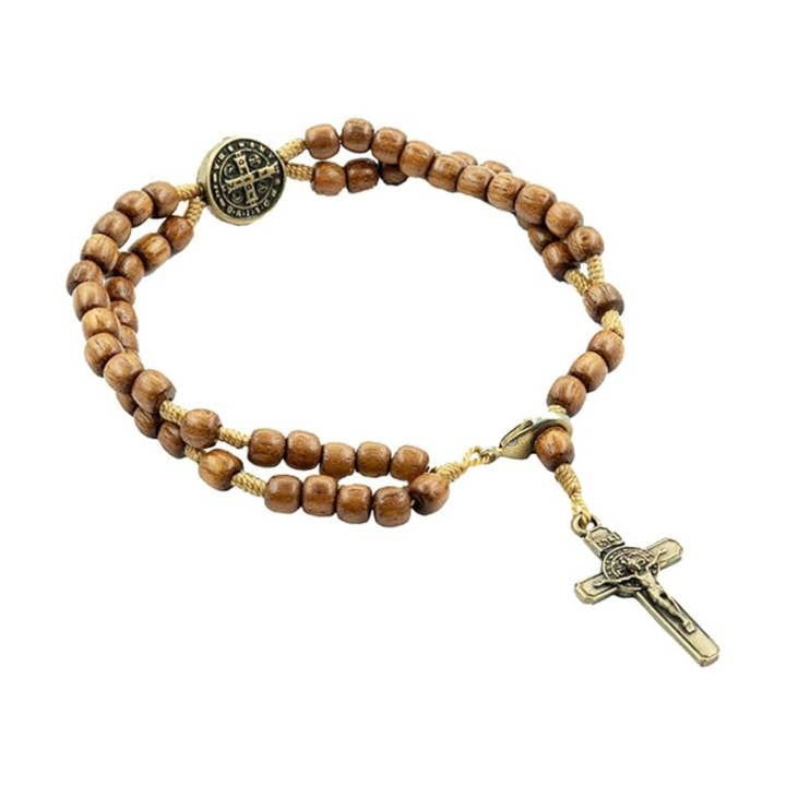 St Benedict Metal Cross Wood Rosary Bracelet – 4mm Beads for wholesale by Catholica Shop