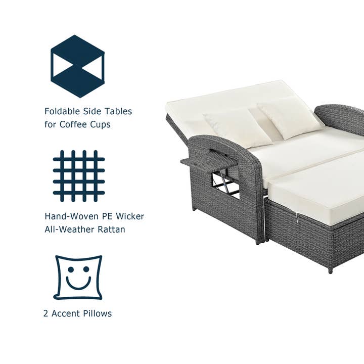 White PE Wicker Rattan Double Chaise Lounge for wholesale on Faire