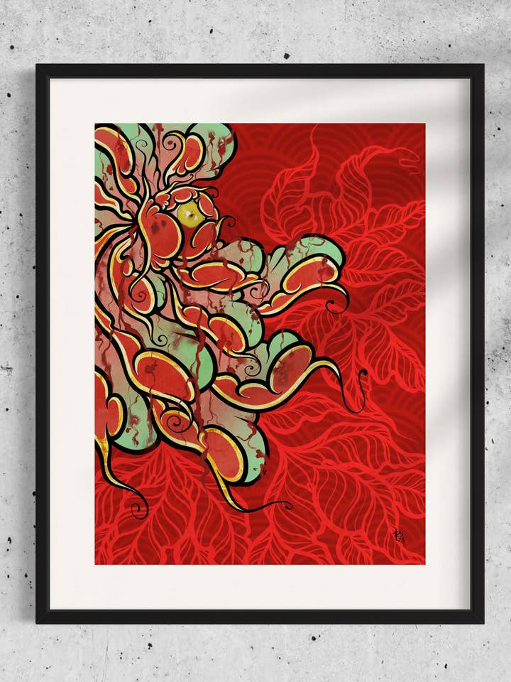 Illustrazione ispirata al tatuaggio giapponese con stampa peonia (22,9 x 30,5 cm) per la vendita all'ingrosso da parte di LOR&INK