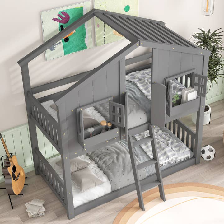 39F Inc. - Wholesale Bed - Kids & Baby - Grey Twin over Twin House Bunk Bed with Roof, Guardrails 2