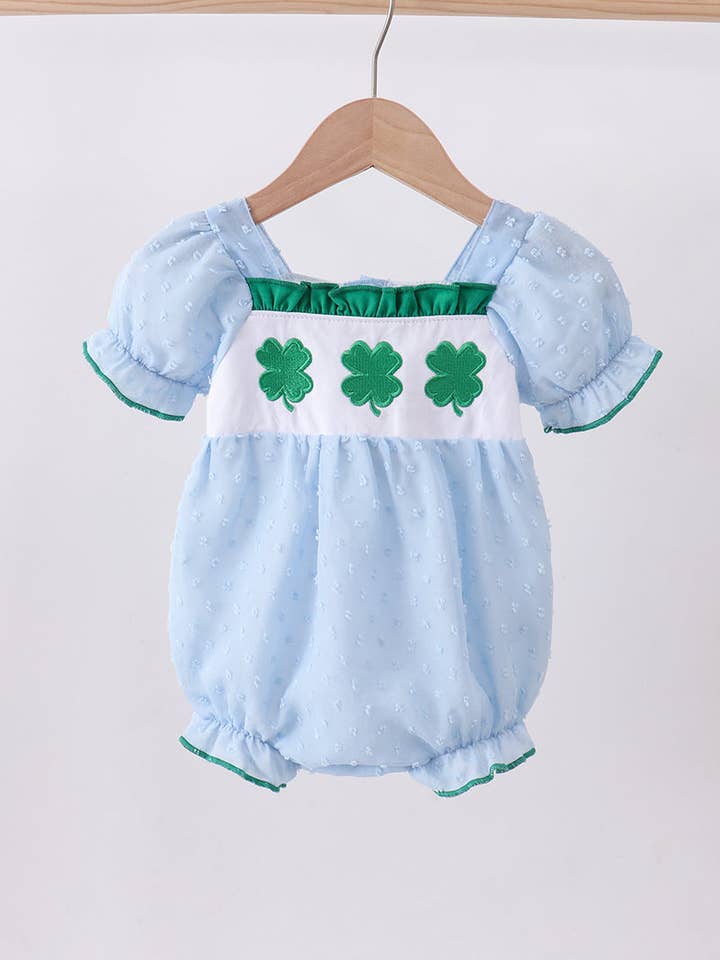 Ricamo di trifoglio blu a bolle con puntini svizzeri per la vendita all'ingrosso da parte di Mom & Co.