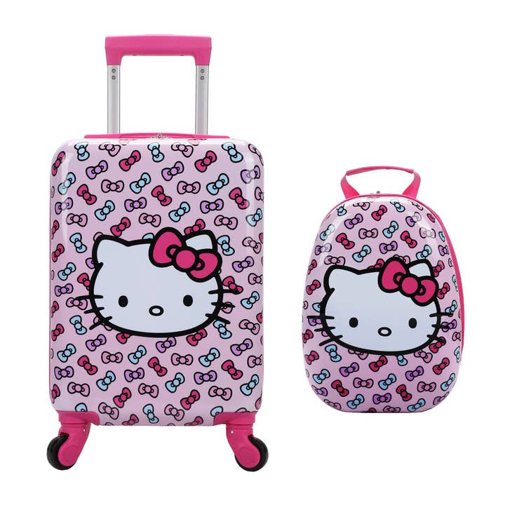 Hello Kitty Character Face Kids' 2-Piece Travel Set With Rolling Suitcase And Backpack for wholesale by Bioworld Merchandising