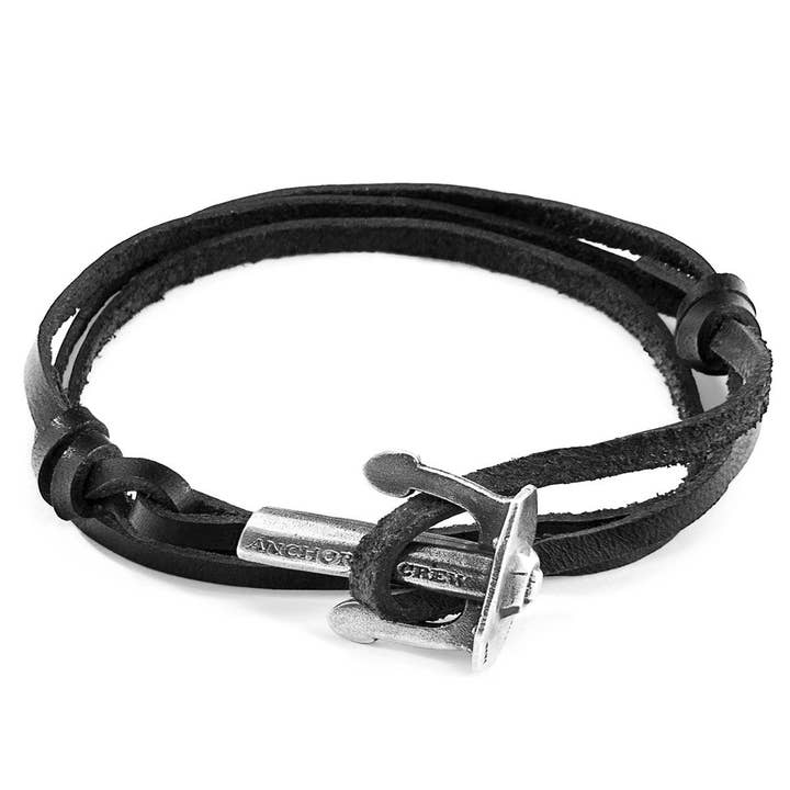 Coal Black Union Anchor Silver and Flat Leather Bracelet for wholesale by ANCHOR & CREW