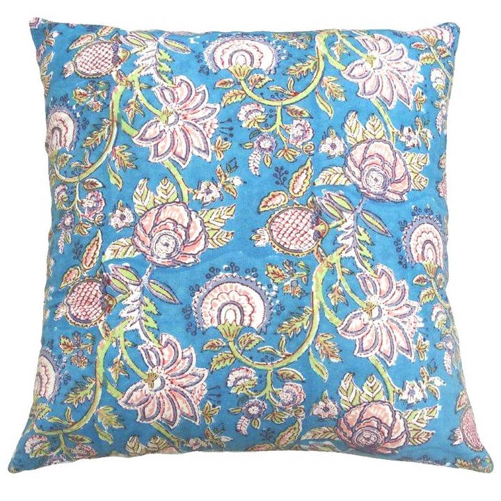 Blue & Pink Block Print Cotton Cushion Cover 45x45cm for wholesale by Status Collections