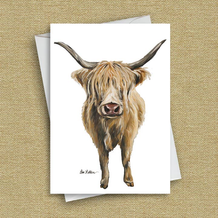 Hippie Hound Studios – Engroshandel Hverdagshilsen kort – Highland Cow Card 'Standing Cow', Bondedyrs lykønskningskort0