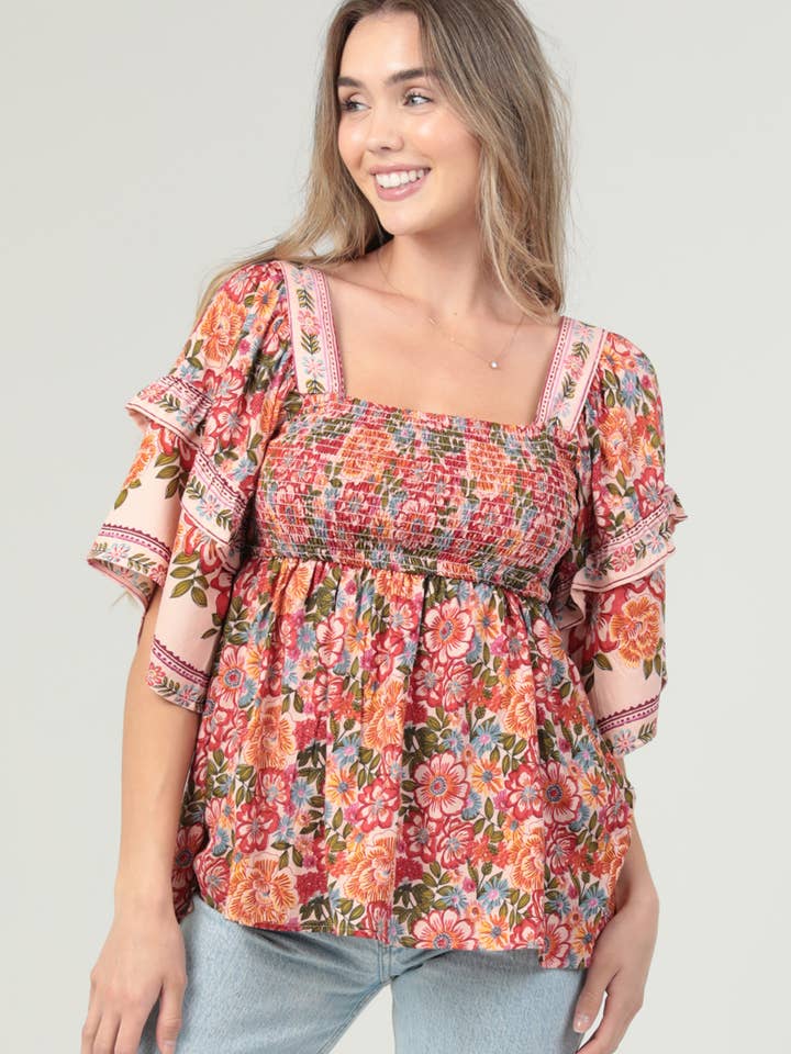 C2D72-FQ54 SQUARE NECK RUFFLE SLEEVE PRINTED BLOUSE for wholesale by ANGIE