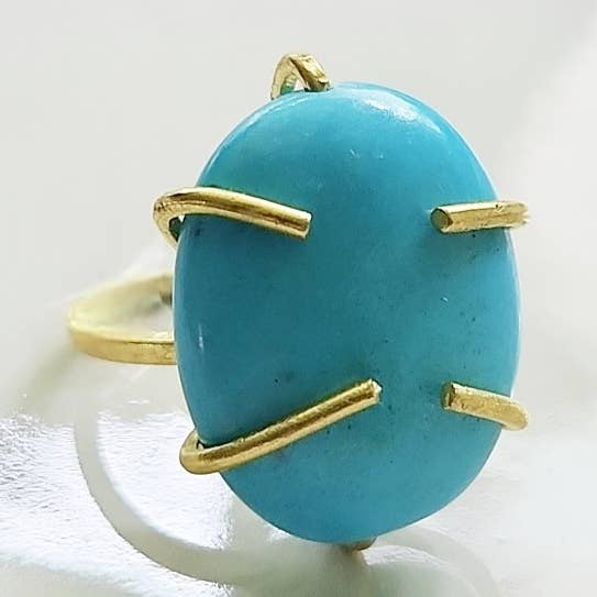 Bright Blue Natural Turquoise and Brass Adjustable Ring for wholesale by Sara Sela Jewelry