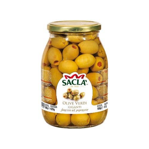 GIANT GREEN OLIVES WITH NATURAL BELL PEPPER 1kg for wholesale by Sacla