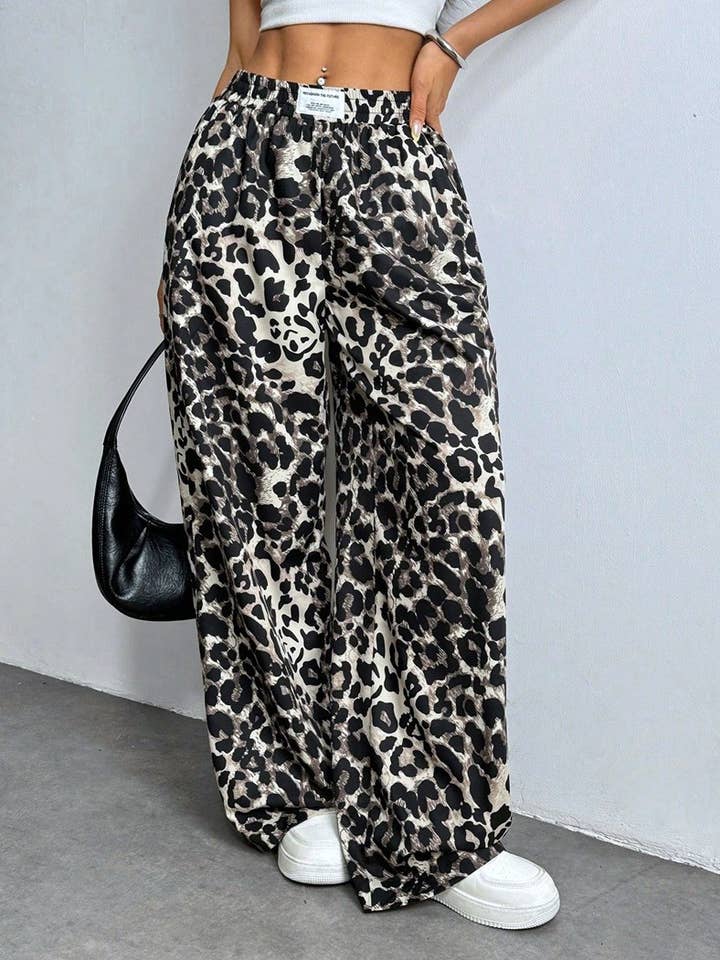Loose Elastic Waist Leopard Print Casual Wide-Leg Pants for wholesale by HIDDENBRAND
