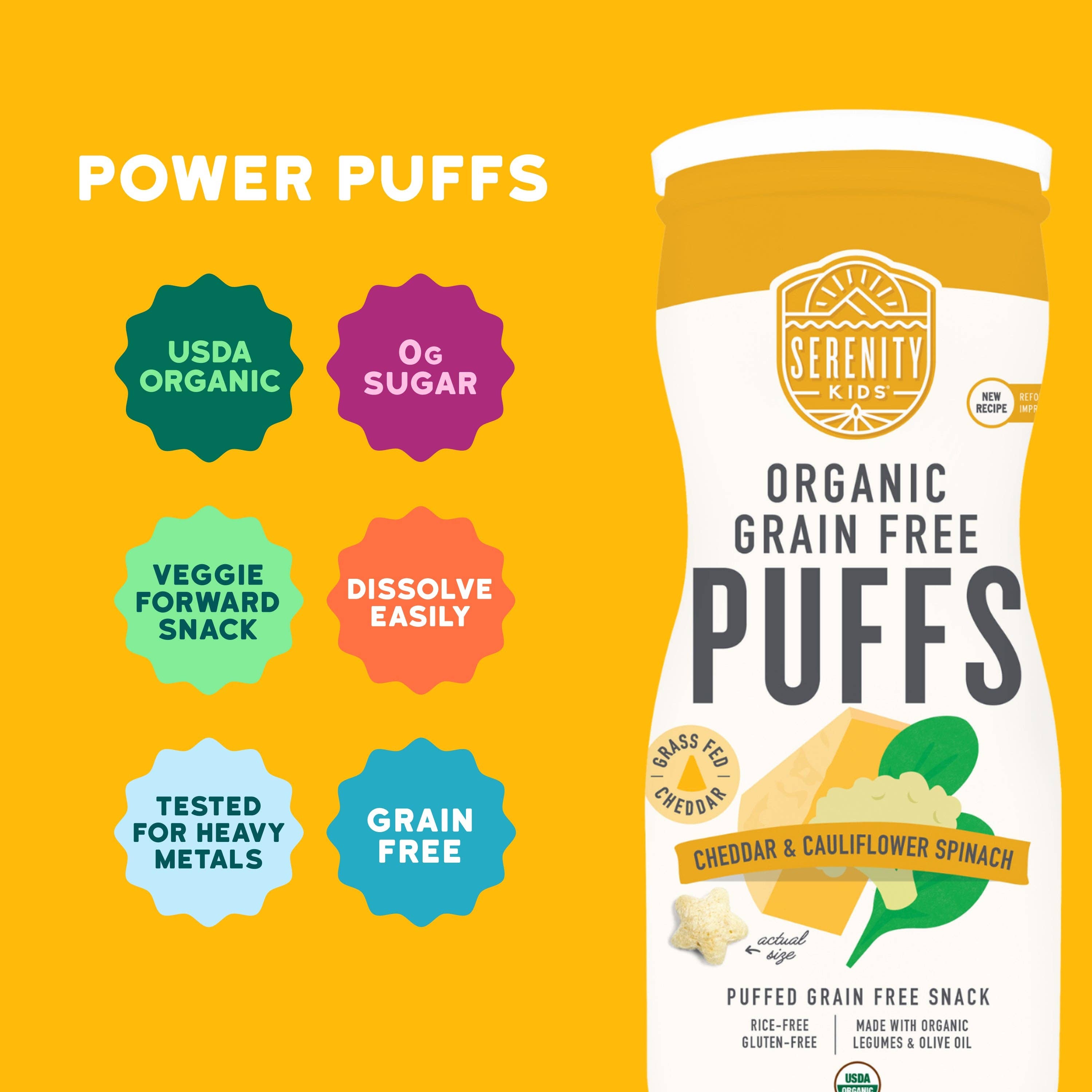 Serenity Kids - Wholesale Puffed Snack - Cheddar & Cauliflower Spinach Organic Grain Free Puffs (6 Cans)3