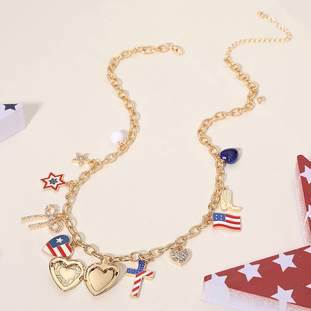 Sensibling Corp. - Wholesale Pendant/Charm Necklace - Enamel American USA Flag Heart Cross Star Bow Charm Necklace2