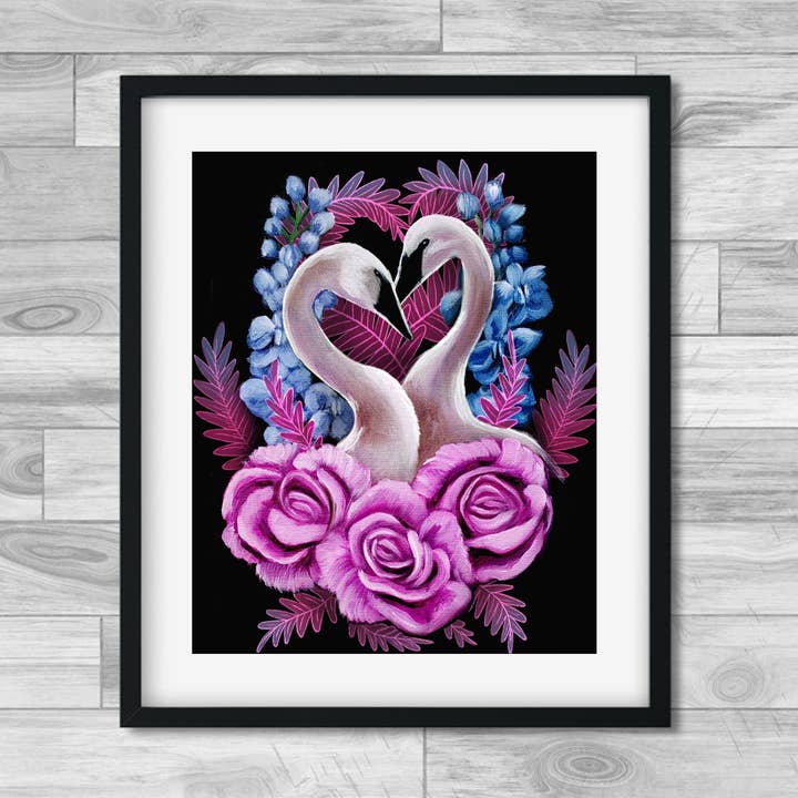 8"x10" Art Print | Pair of Loving Swans with Flowers for wholesale by Joyseeker Tarot