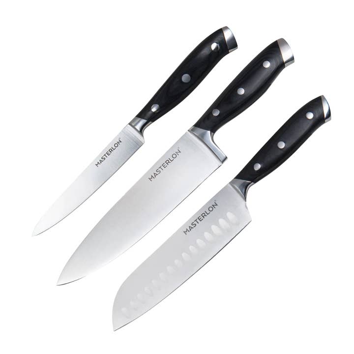 MASTERPAN Essential Chef’s Knife Bundle - 8" Chef’s Knife, 8" Slicer Knife & 7" Santoku Knife - Stainless Steel Blades with Protective Covers for wholesale by Masterpan Inc.