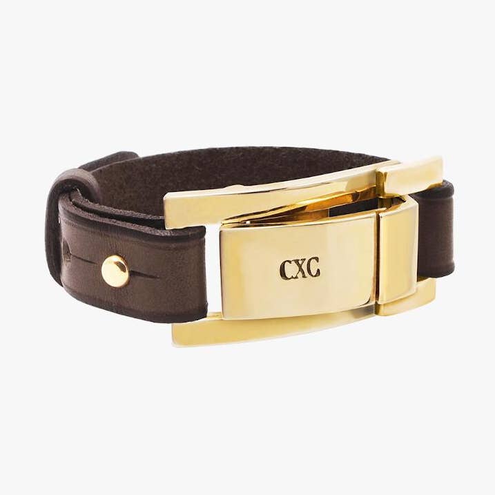 Brown leather bracelet, belt-style closure, gold buckle for wholesale by CXC