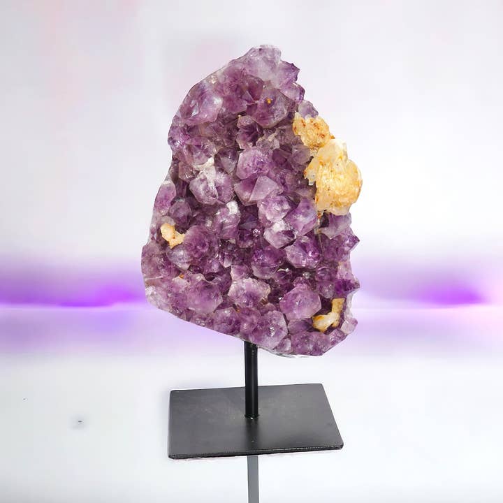 Amethyst Cluster with Calcite On Metal Stand for wholesale by Spiritual and Aligned