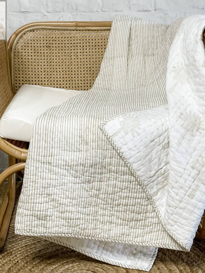 Handmade Reversible Baby Quilt, Palm Tree Print Crib Blanket for wholesale by Artsy Home