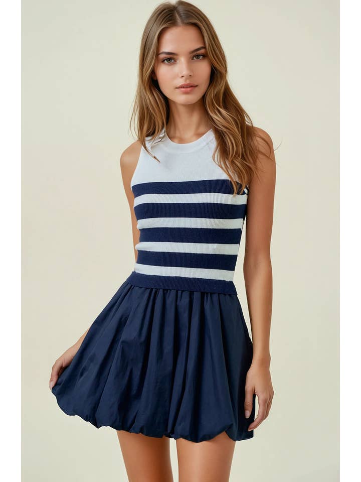 Doe and Rae - Wholesale Dress - Women's - STRIPED KNIT BUBBLE HEM MIX MINI DRESS - 28225D5