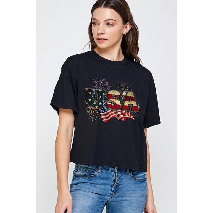 COLORBEAR – wholesale Screen printed t-shirt – Women′s – USA,AMERICAN FLAG RELAXED CROP TOP