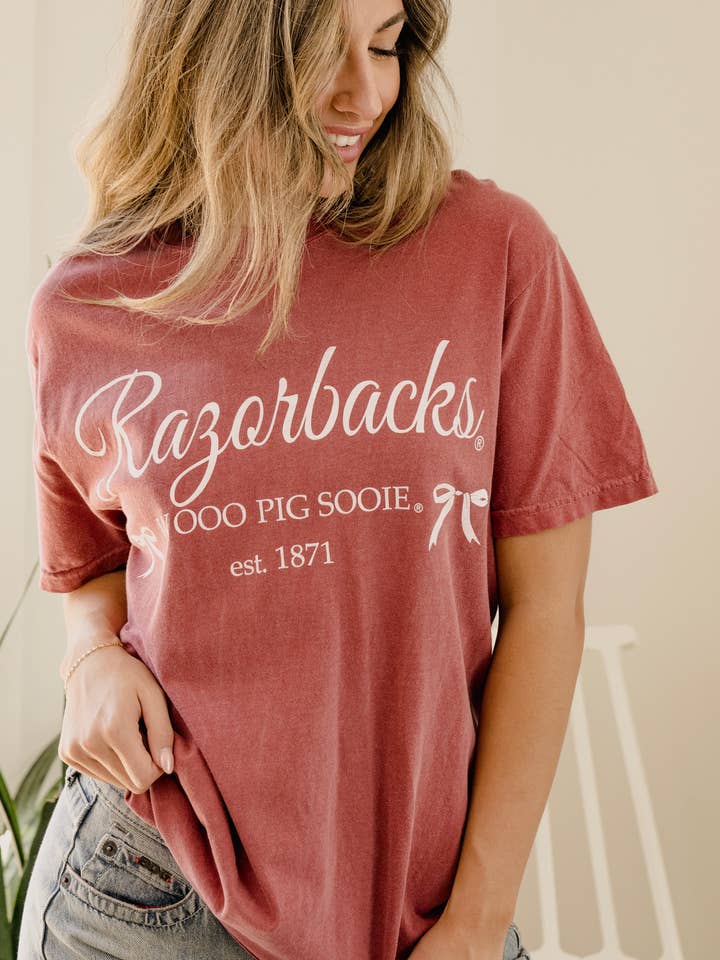 Arkansas Razorbacks Est. Bows Cardinal Comfort Colors Tee for wholesale by LivyLu