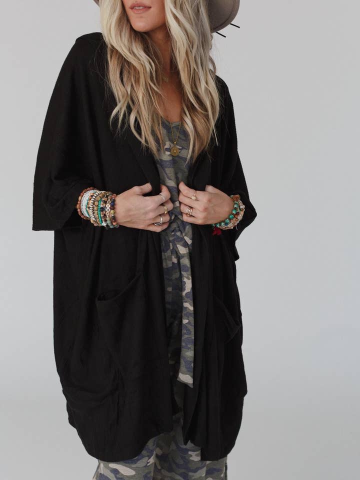 Boho Essential Hooded Ribbed Sweater - Black for wholesale by Three Bird Nest