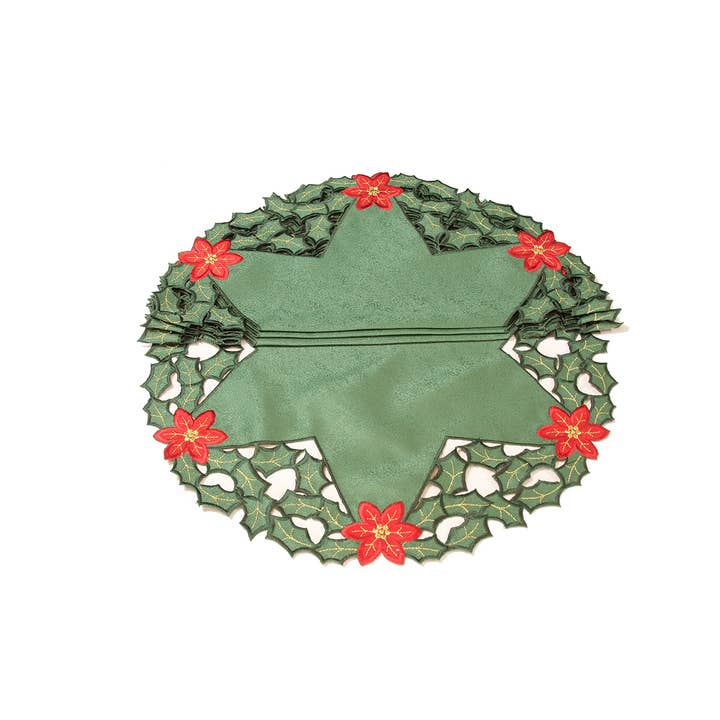 Holly Leaf Poinsettia Embroidered Doilies, 12", Set of 4 for wholesale by Xia Home Fashions & Manor Luxe