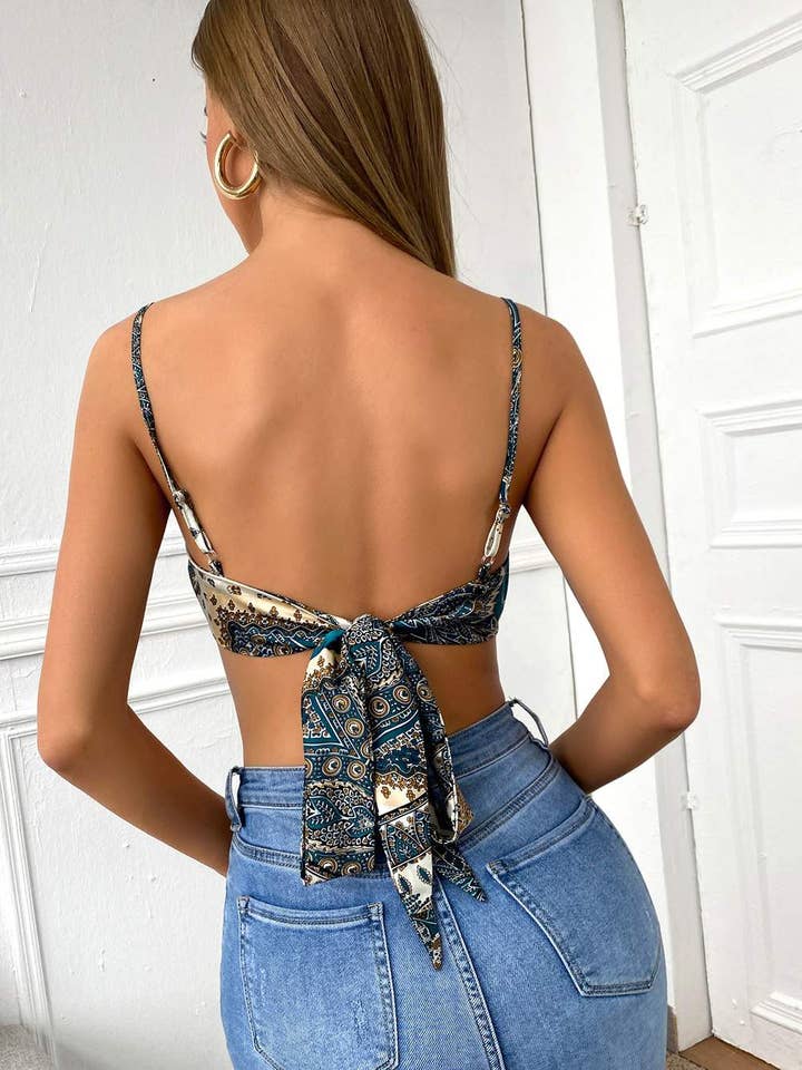 Fashion Combination - Wholesale Blouse - Women's - scarf print tie back satin cami bandana top