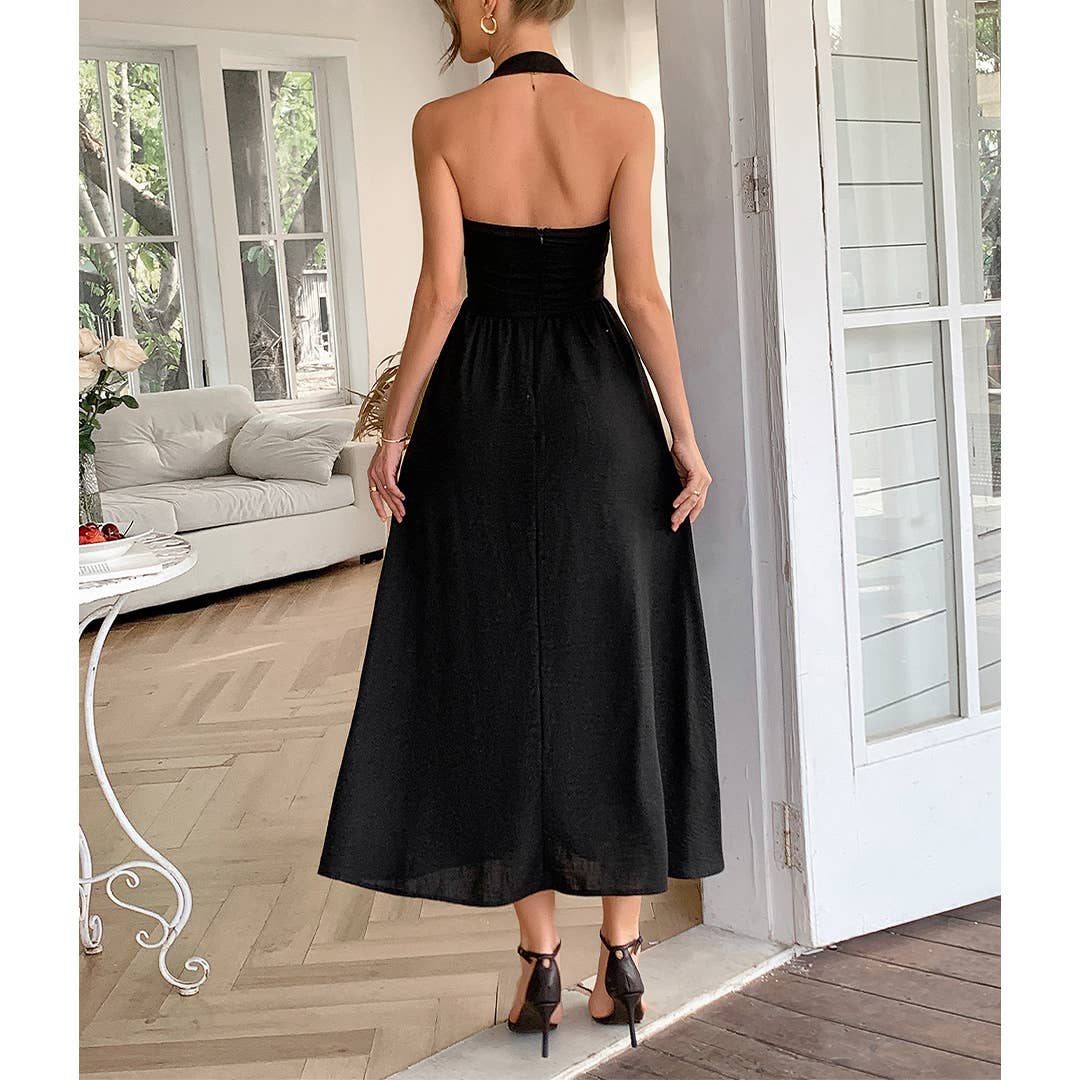 UNISHE - Wholesale Dress - Women's - Vacation Style Halter Neck Waist-Tie Maxi Dress DY3722