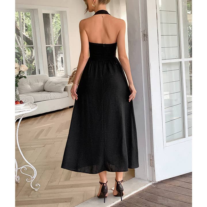 UNISHE - Wholesale Dress - Women's - Vacation Style Halter Neck Waist-Tie Maxi Dress DY3722