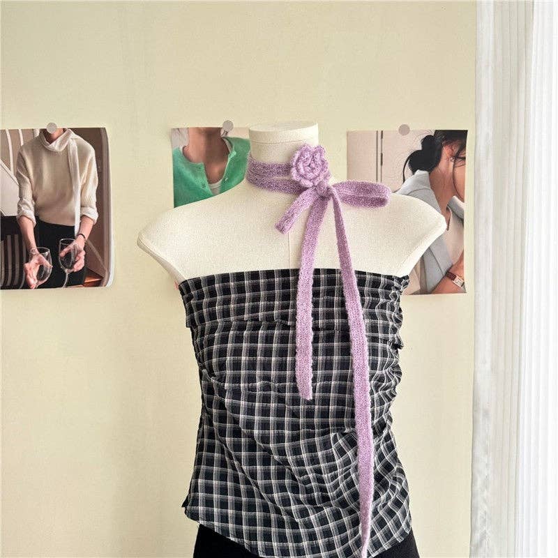 Ekartini - Wholesale Scarf - Women's - Solid Color Crochet Rose Narrow Long Scarf2