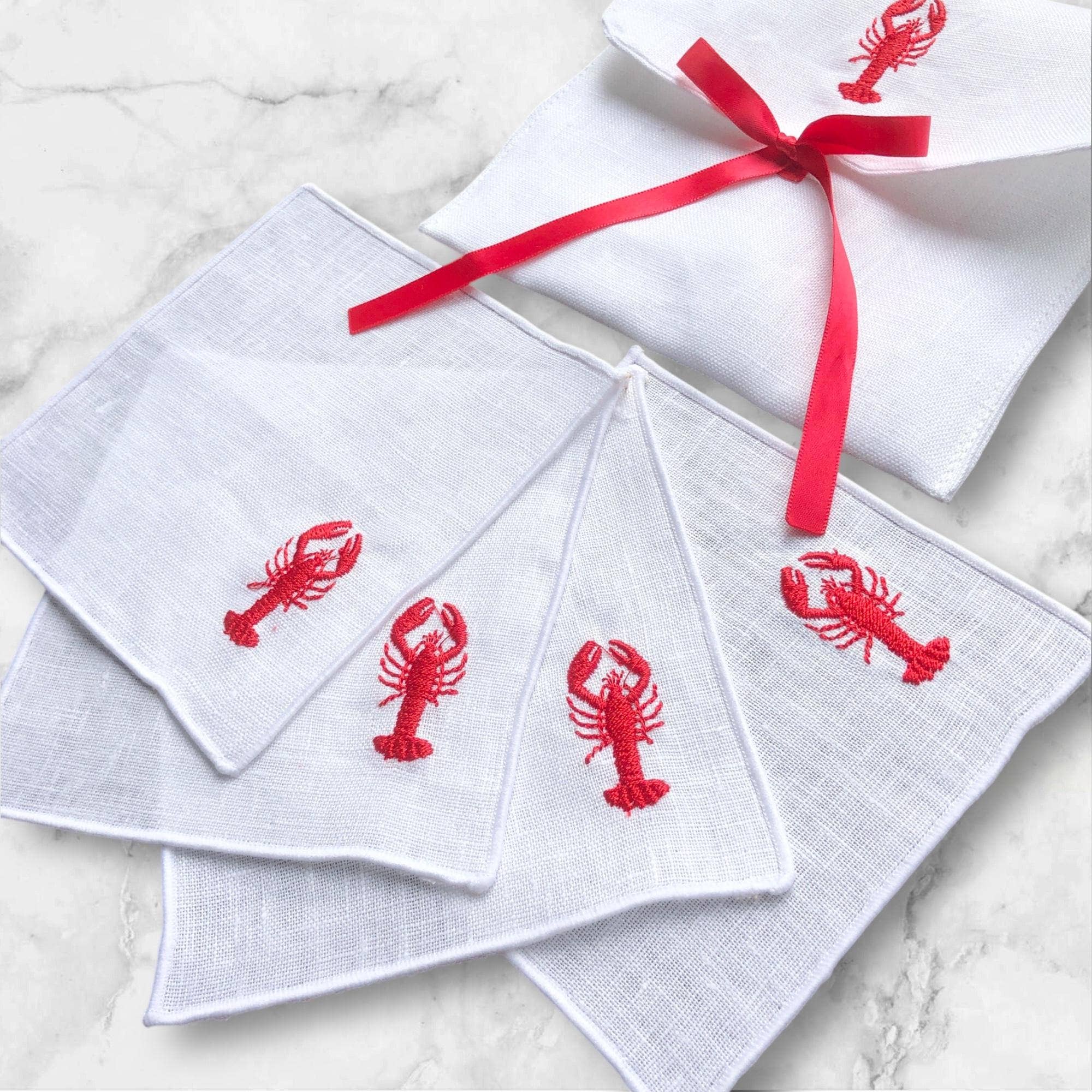 Belle Linen - Wholesale Dinner & Cloth Napkin - Set of 4 Red Lobster Embroidered Linen Cocktail Napkins2