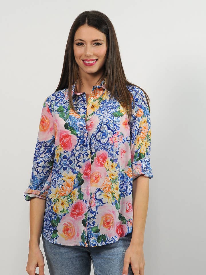 IDDA Seidenbluse aus Crêpe de Chine mit Majolika-Blumenmuster für den Großhandel von IDDA