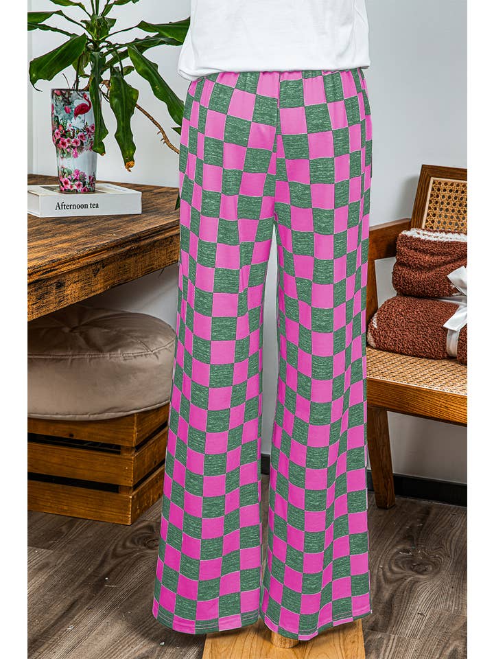fashionworks - Wholesale Pants - Women's - Fashion-W 2-Tone Checked Print High Waist Wide Leg Pants