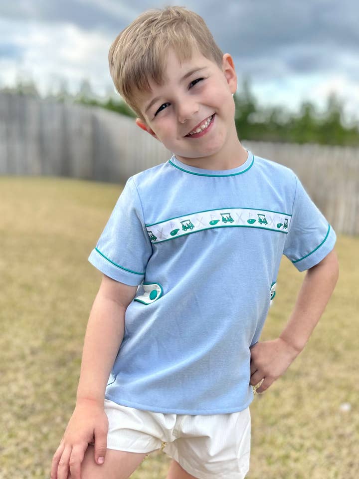 Boys Golf Ribbon Blue Oxford Fabric & Yellow Mini Stripe Straight Shortie Set for wholesale by The Seaside Proper Children’s Company