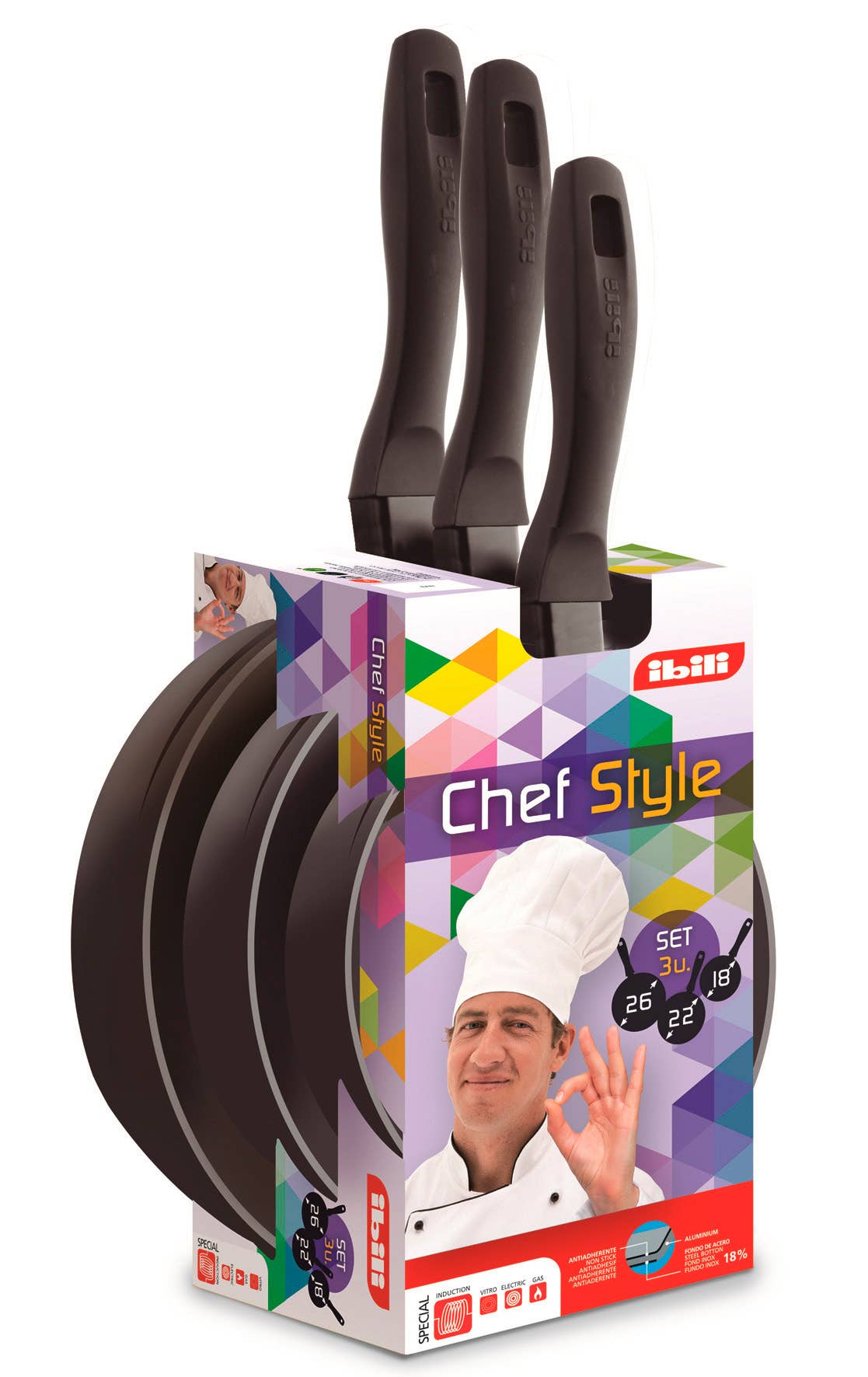 Ibili - Wholesale Kookgereiset - Ibili set van 3 koekenpannen in chefstijl, 18, 22 en 26 cm2