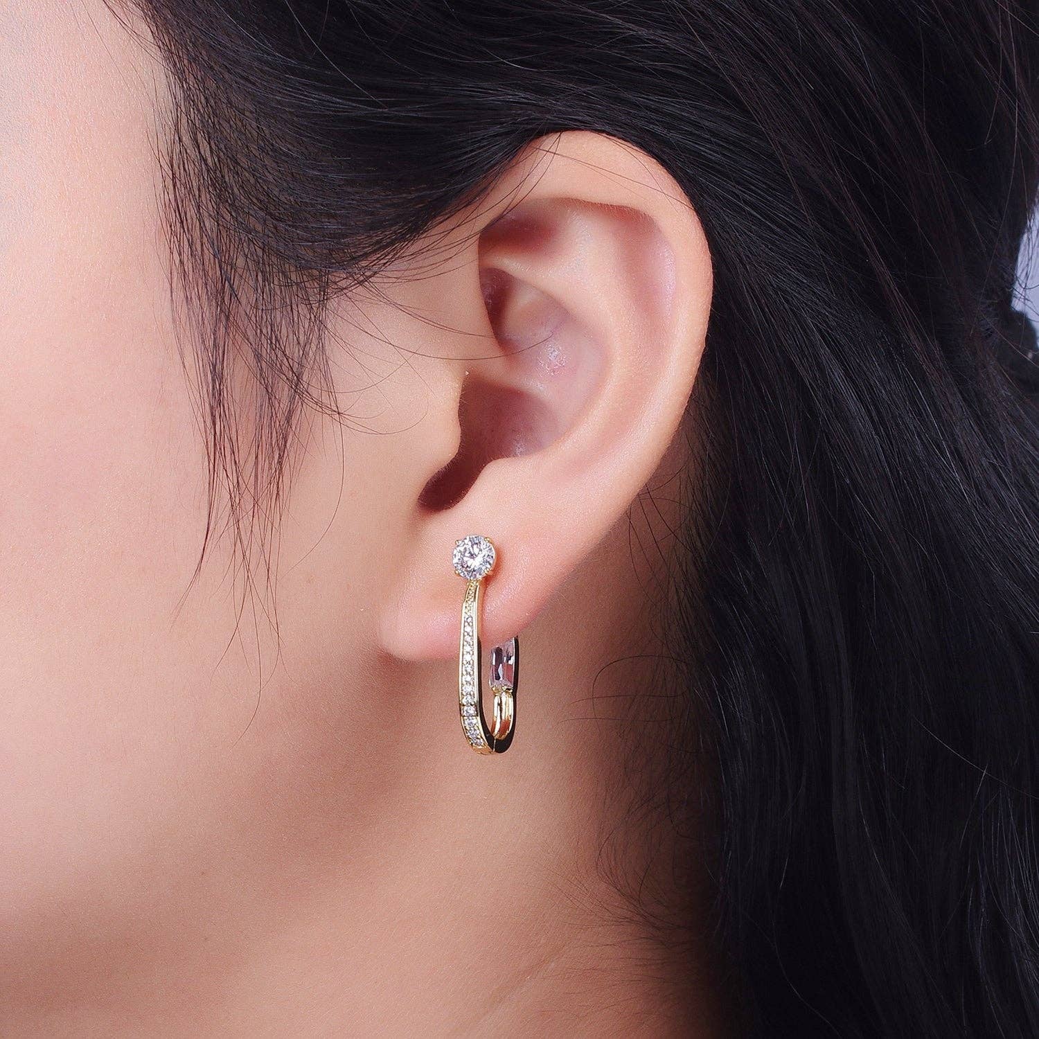 Aim Eternal - Wholesale Huggie Earrings - 14K Gold Filled Micro Paved Round Baguette CZ Two Sided Oblong Huggie Earrings | V0211