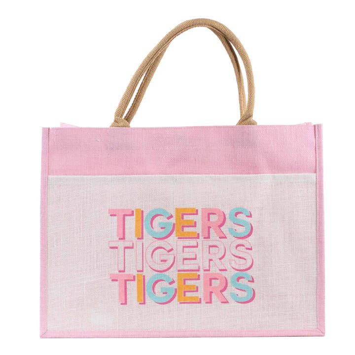 Tiger Friends Jute Pocket Tote Lyserød/Blå/Orange 19x14x7.5 for engroshandel hos The Royal Standard