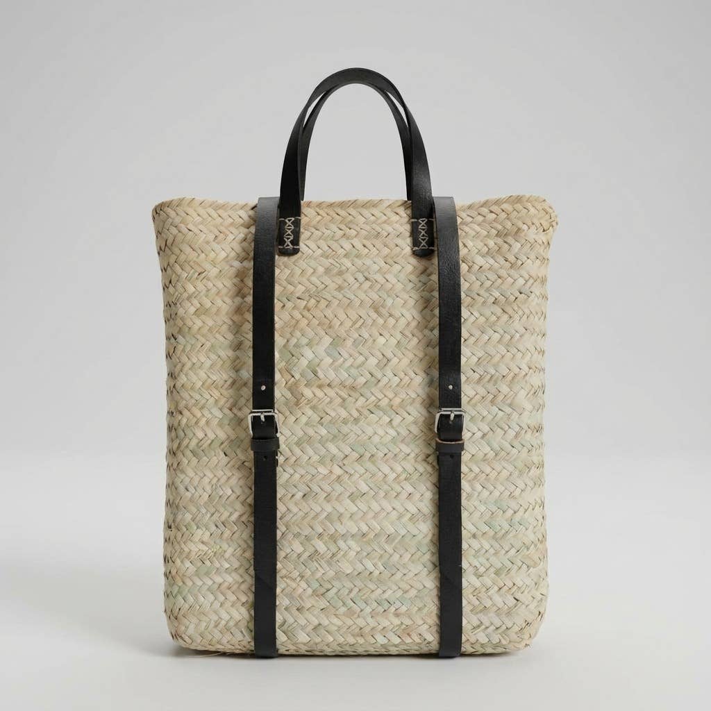 Melecraft - Wholesale Backpack - Women's - Woven Palm Leaf Backpack Leather Straps Boho Market Bag0