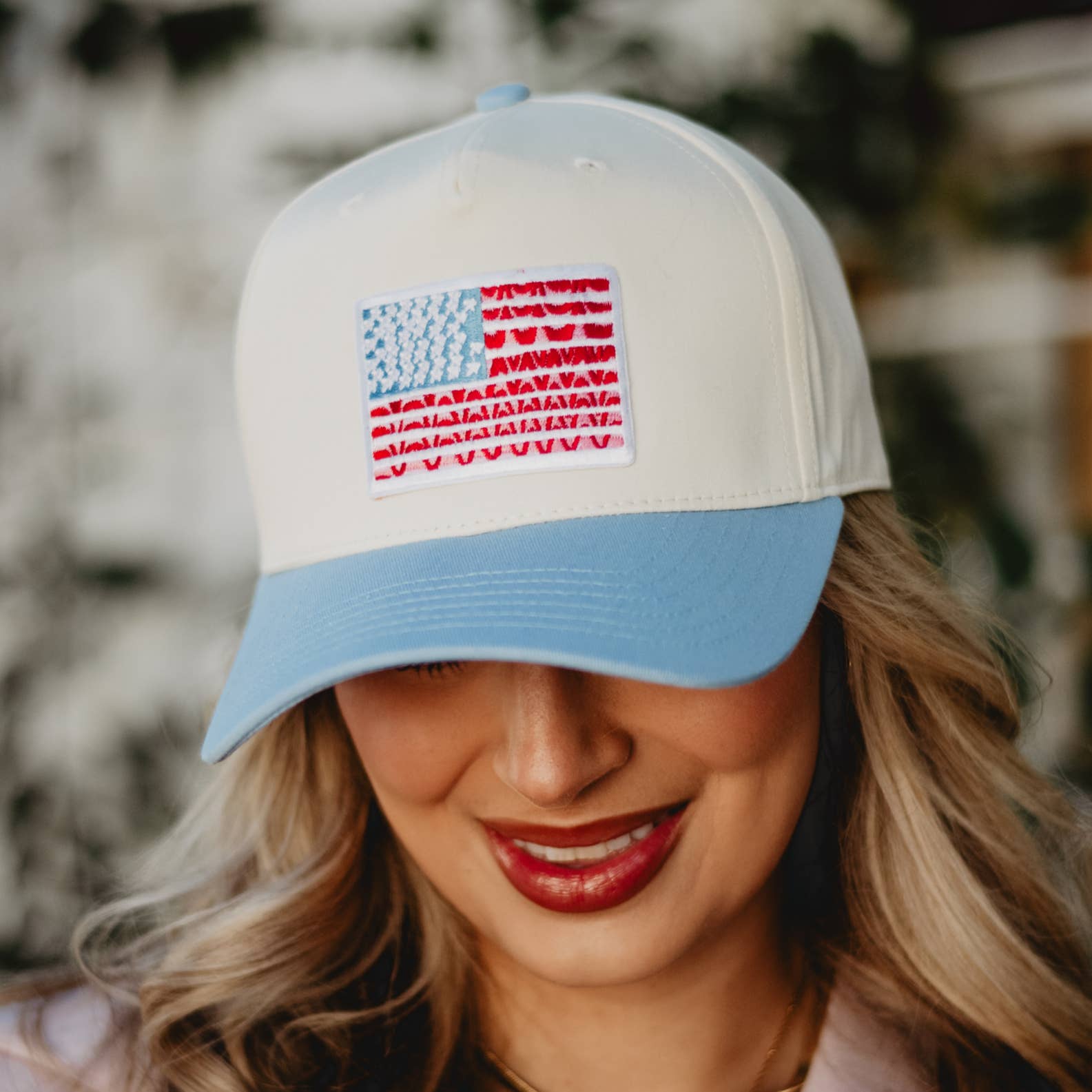 Light Blue and Tan American Flag Two-Toned Fitted Hat for wholesale on Faire
