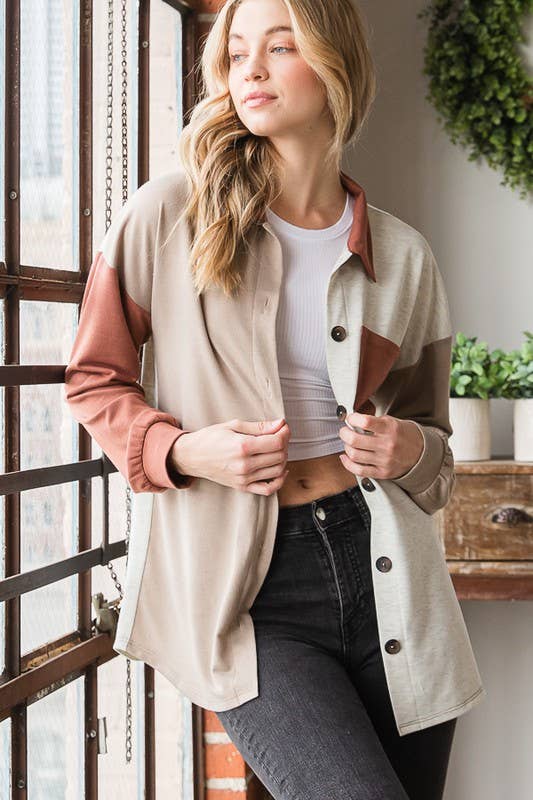 HEIMISH - Wholesale Shirt Jacket/Shacket - Women's - EJ6724-10 BASIC COLLAR SOLID COLOR BLOCK SHACKET2