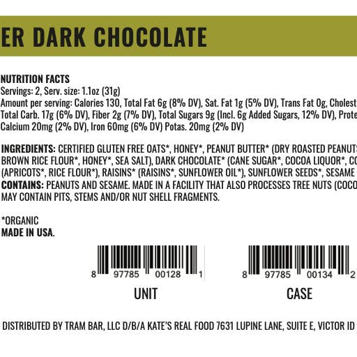 Kate's Real Food - Wholesale Snack Bar - Peanut Butter Dark Chocolate