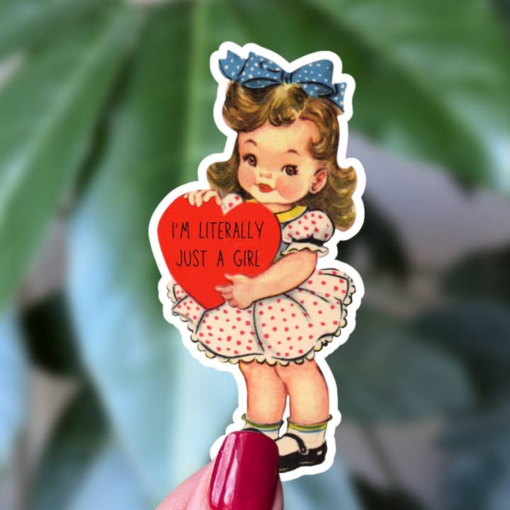“I’m Literally Just a Girl” Vintage Heart Sticker for wholesale by Moonlit Creations
