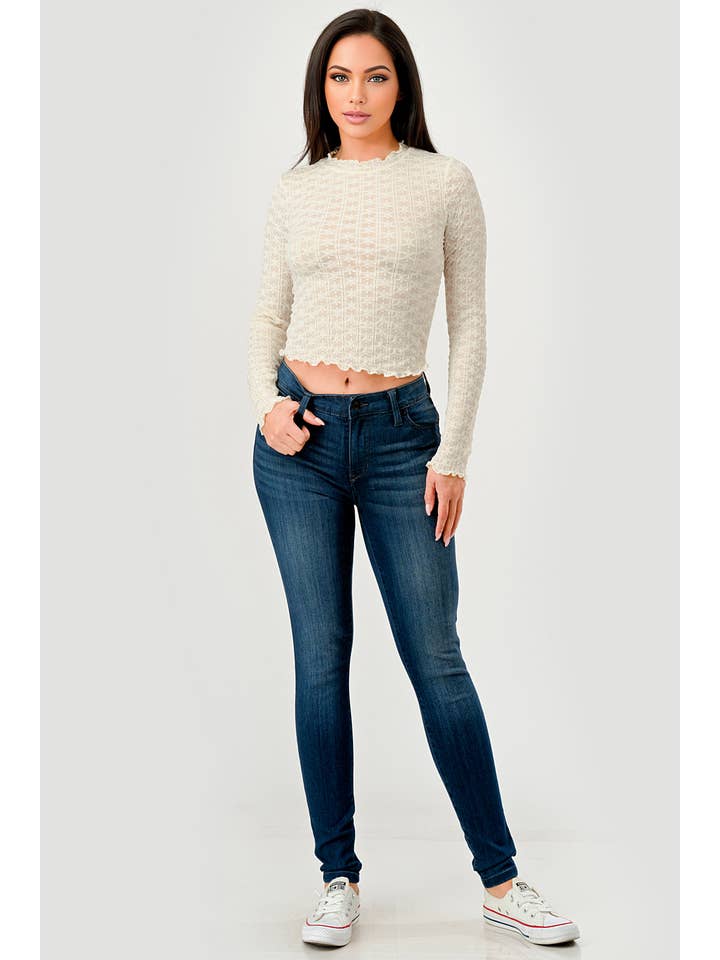 REDFINCH APPAREL INC - Wholesale Knit Top - Women's - Womens Lettuce Trim Mock Neck Long Sleeve Mesh Top