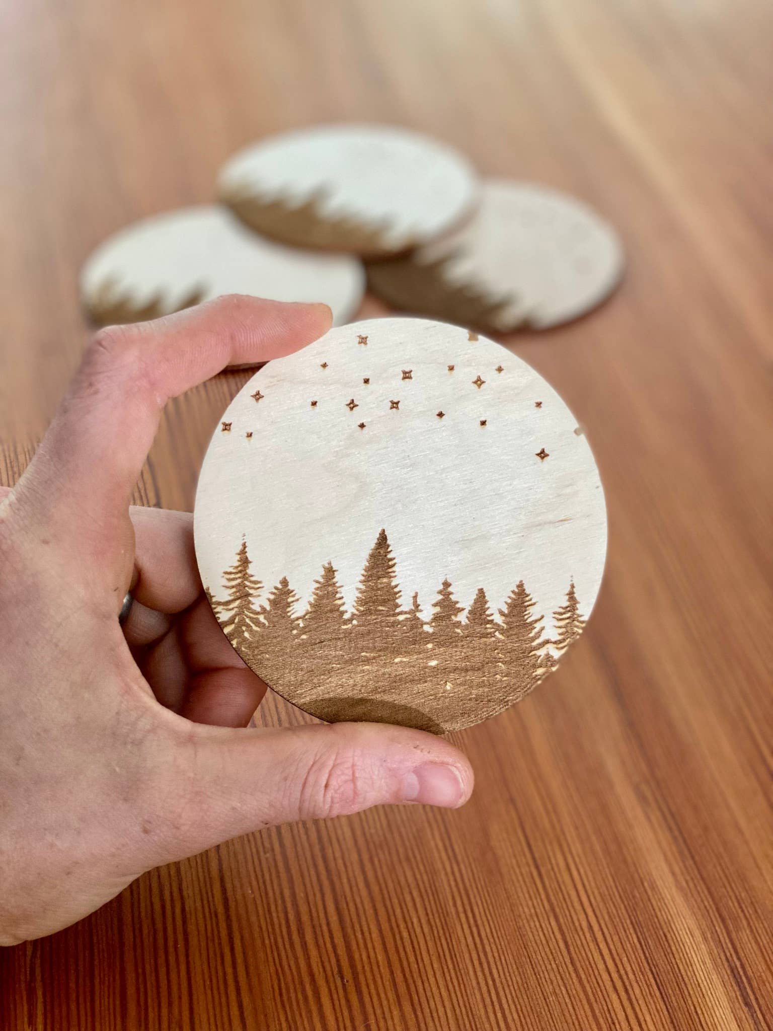 Munsell Made - Wholesale Coasters - Pine Trees & Stars Engraved Wood Coasters2